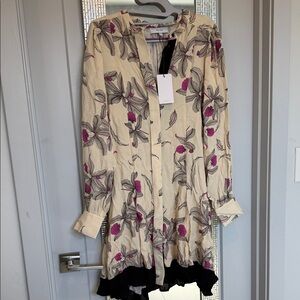 Reiss Cream Floral Long-Sleeve Tunic Dress with Pink and Gray Print